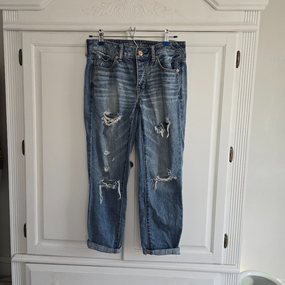American Eagle Boy Crop Ripped Button Fly Jeans, Size 2